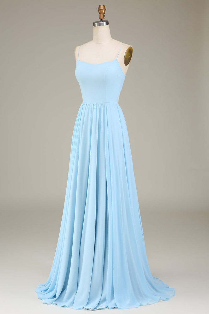 A Line V Neck Light Blue Chiffon Prom Dresses, Simple Style Sky Blue Long  Formal Bridesmaid Dresses