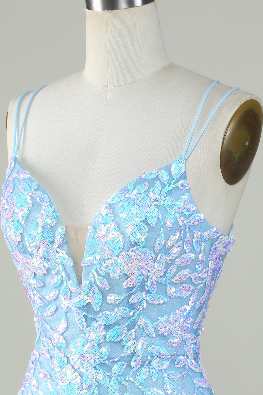 Sparkly Lace-Up Back Light Blue Graduation Dress