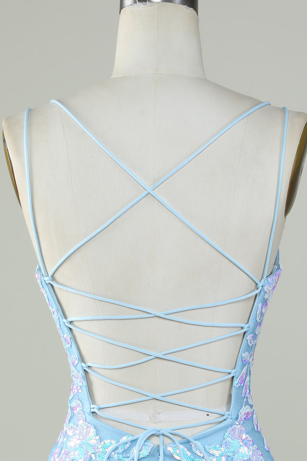 Sparkly Lace-Up Back Light Blue Graduation Dress