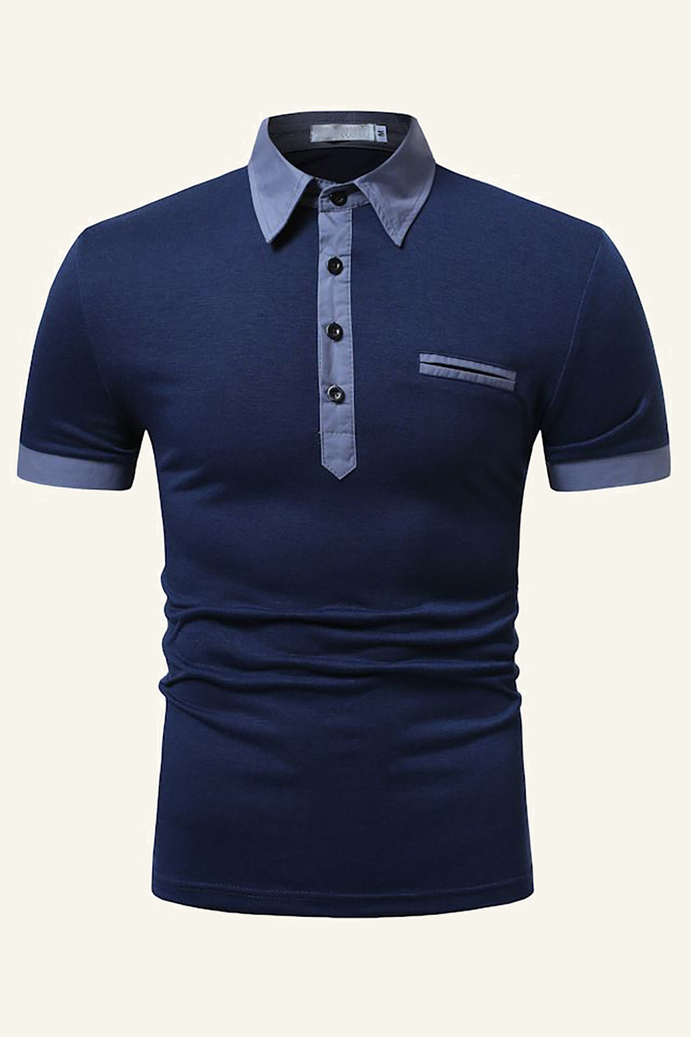 Blue Patchwork Cotton Short-sleeve Casual Polo Shirt