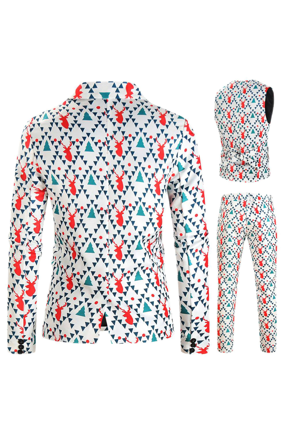 White Reindeer Printed 3 Piece Christmas Men's Suits