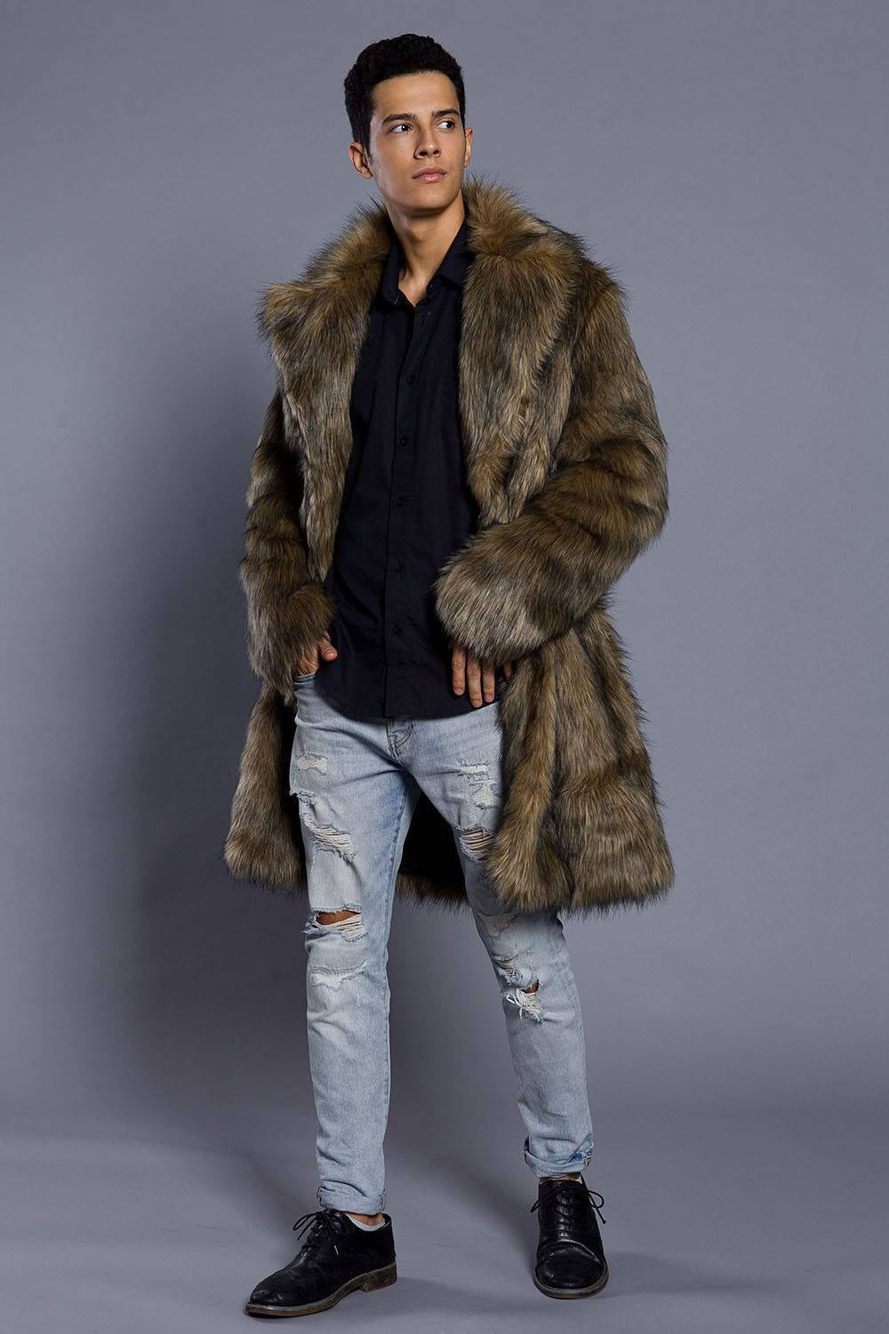 Brown Lapel Neck Long Men Faux Fur Coat