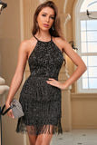 Black Sequin Cocktail Dress With Fringes