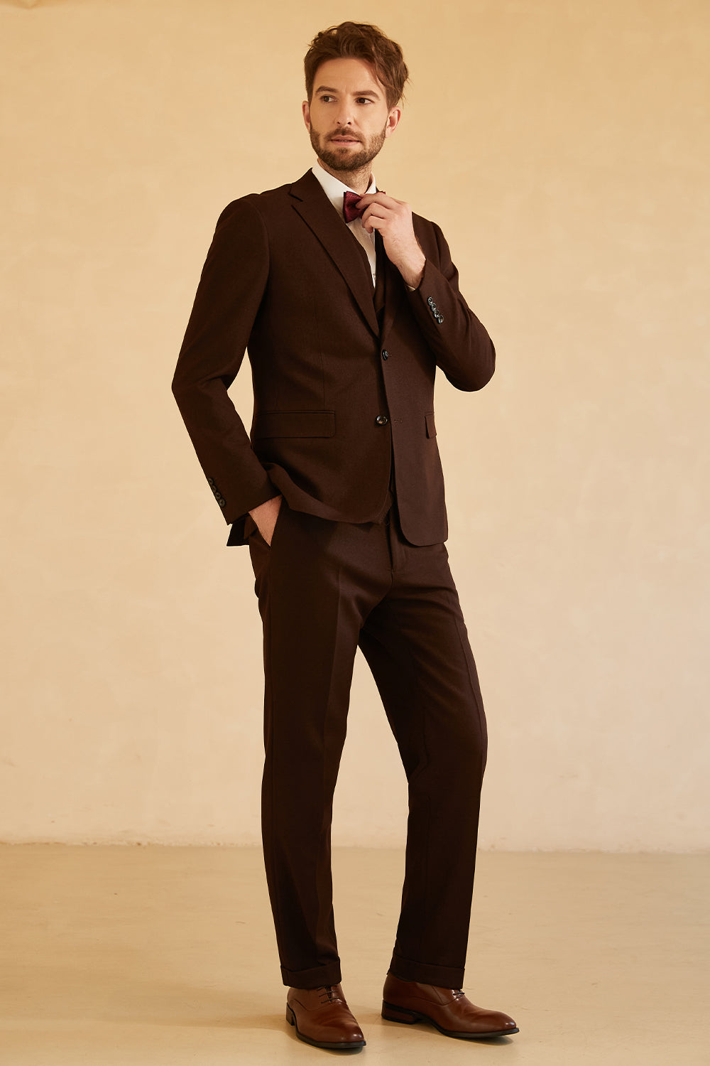 Notched Lapel Two Button Dark Brown 3 Piece Men Suit