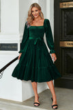 Dark Green Velvet Square Neck Holiday Party Dress