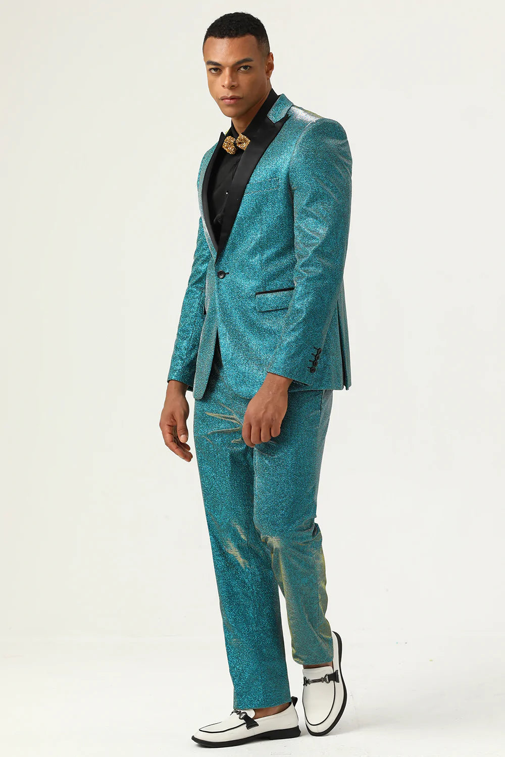 Glitter Peacock Blue Peak Lapel 2 Piece Men's Suits