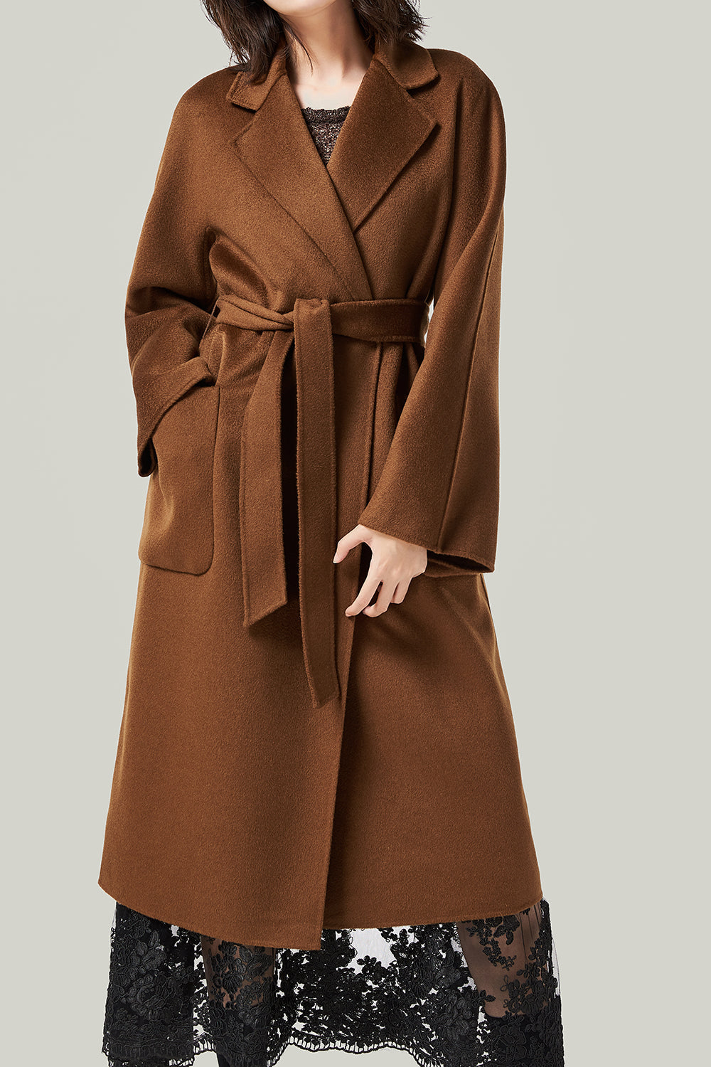 Black Lapel Neck Belted Wool Coat With Pockets