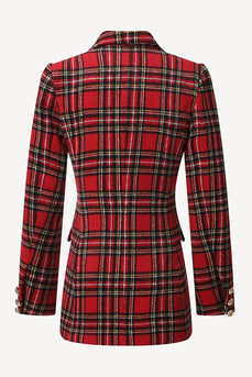 Red Plaid Tweed Double Breasted Women Blazer
