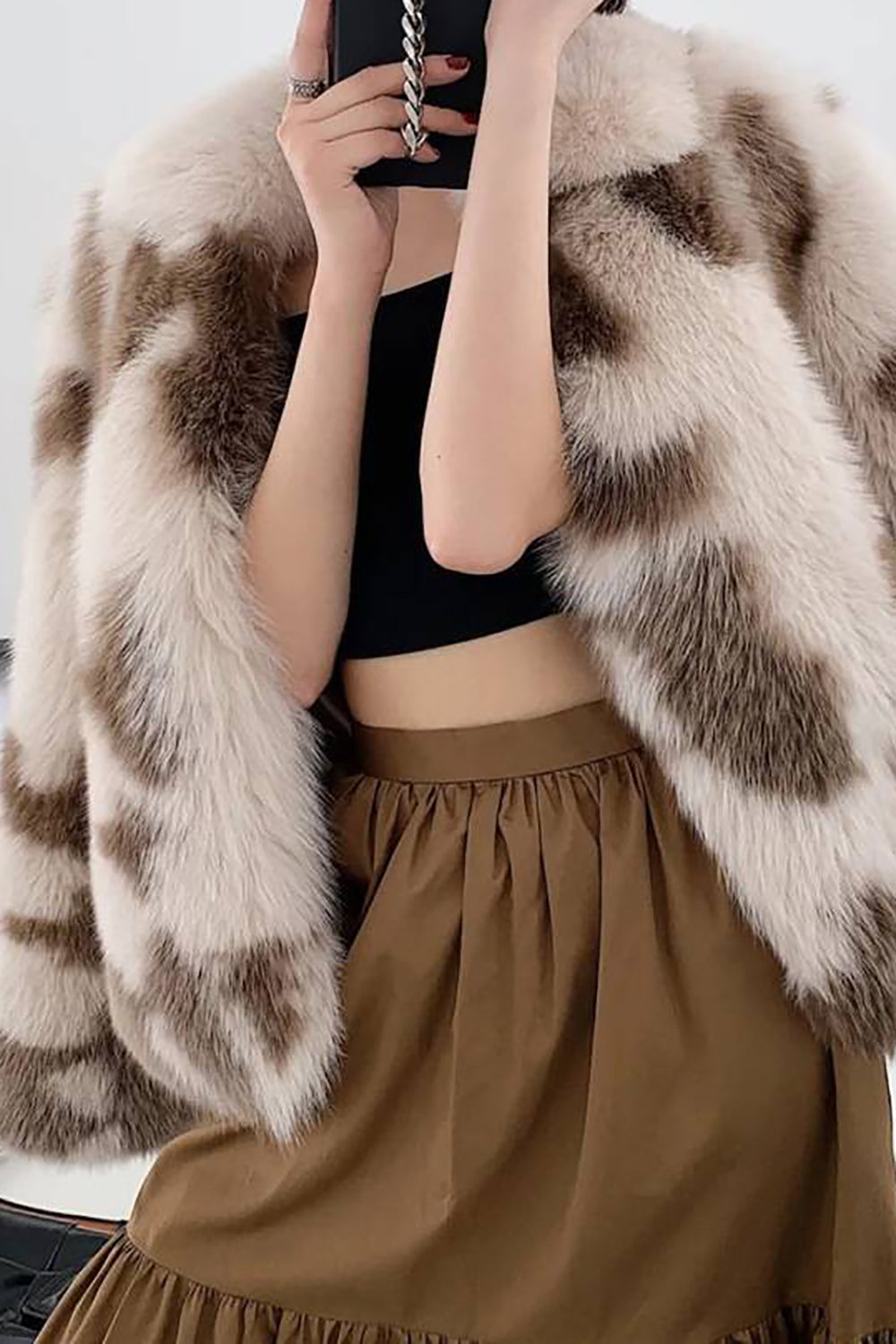 Khaki Shawl Lapel Midi Faux Fur Shearling Coat