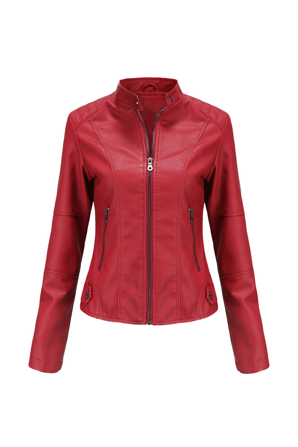 Black Zipper Front Fitted PU Women Jacket