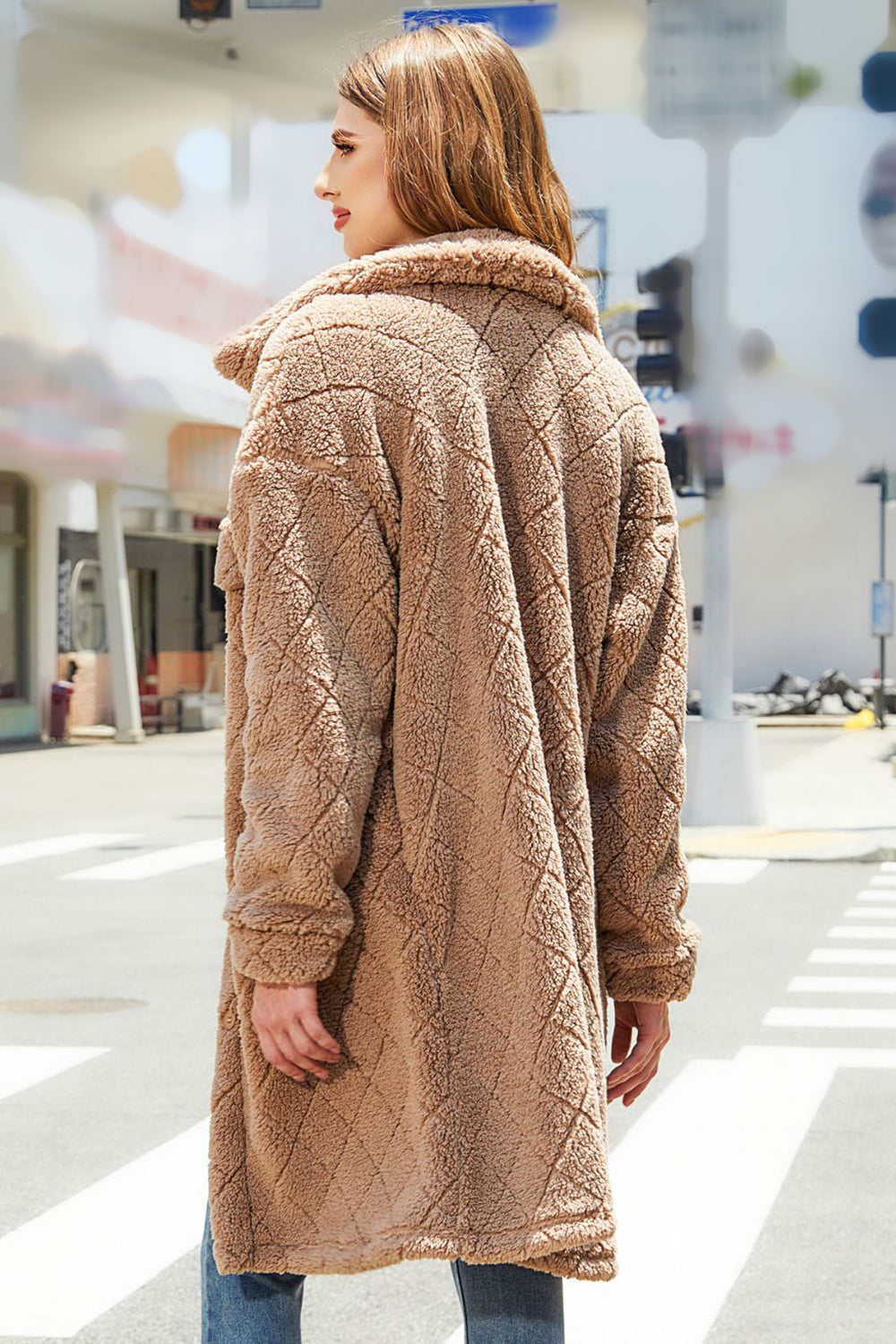 Camel Fleece Button Down Midi Coat