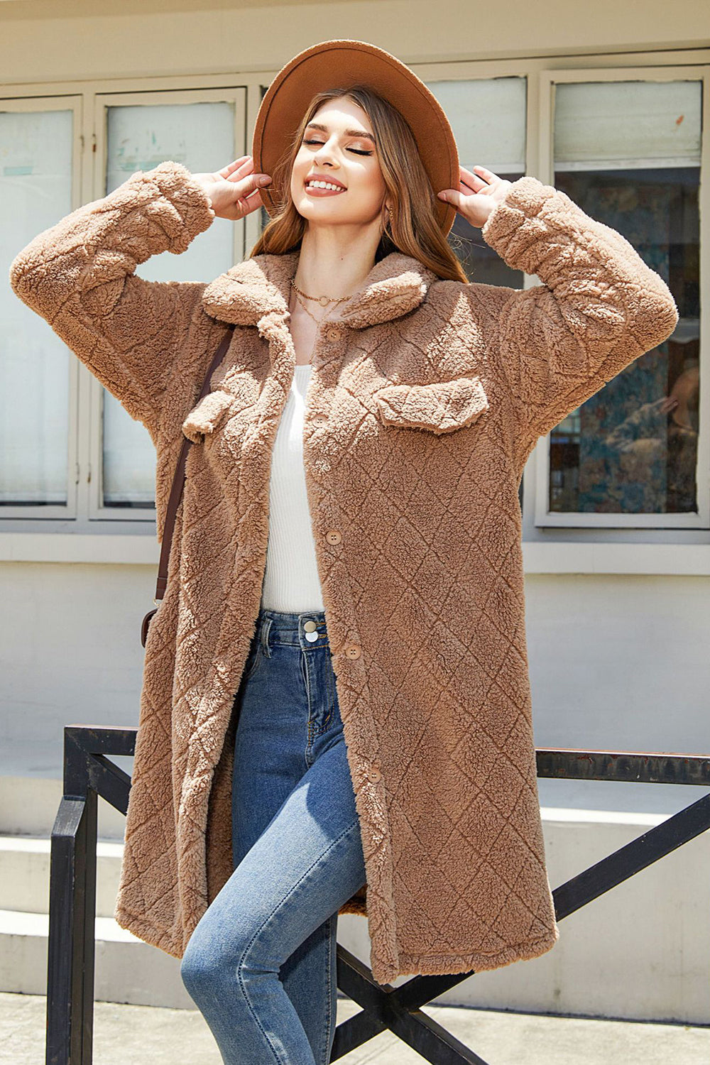 Camel Fleece Button Down Midi Coat