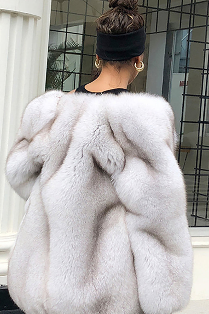 Zapaka Women White Open Front Fluffy Long Shearling Faux Fur Coat