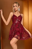 Glitter Burgundy Sequins Backless Short Party Dress