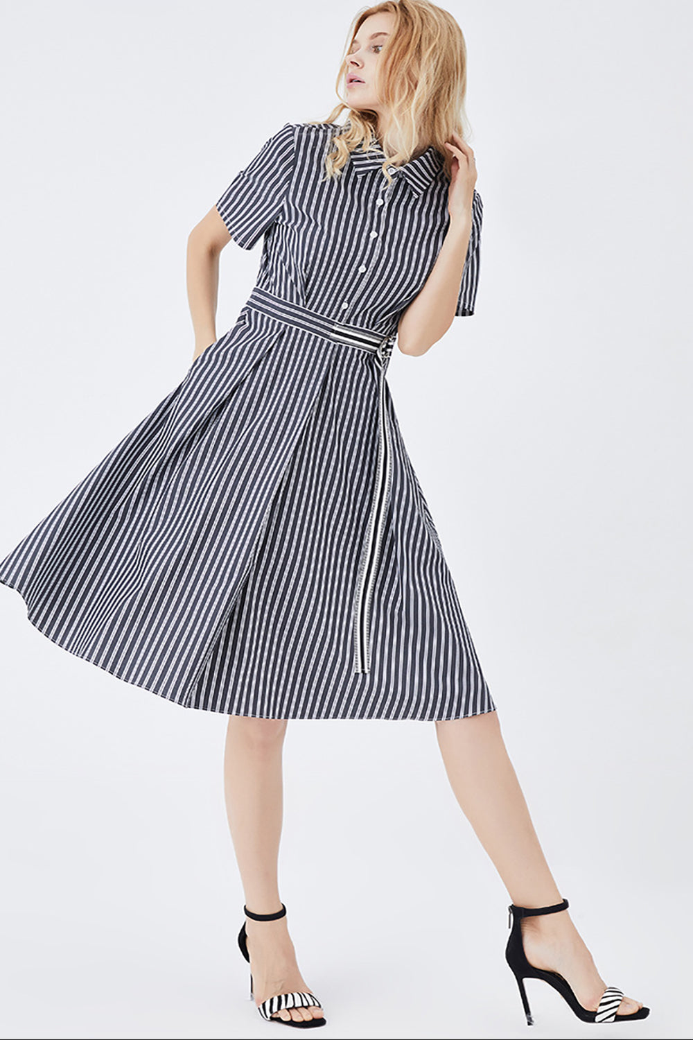 Black Short Sleeves Button Down Summer Shirt Dress