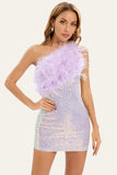 Purple Bodycon One-Shoulder Sequin Patchwork Homecoming Dress With Feather