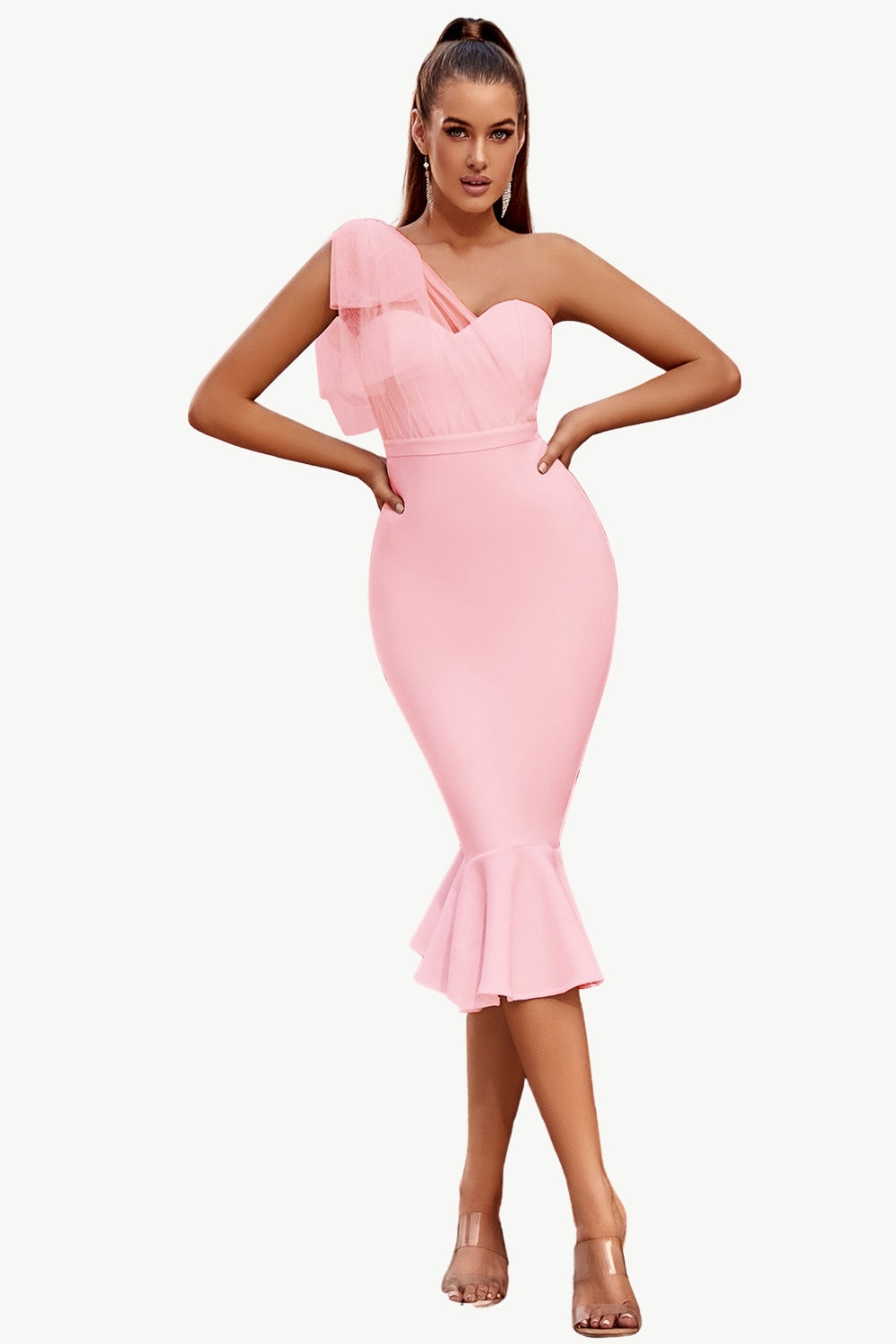 Pink One Shoulder Mermaid Midi Cocktail Dress