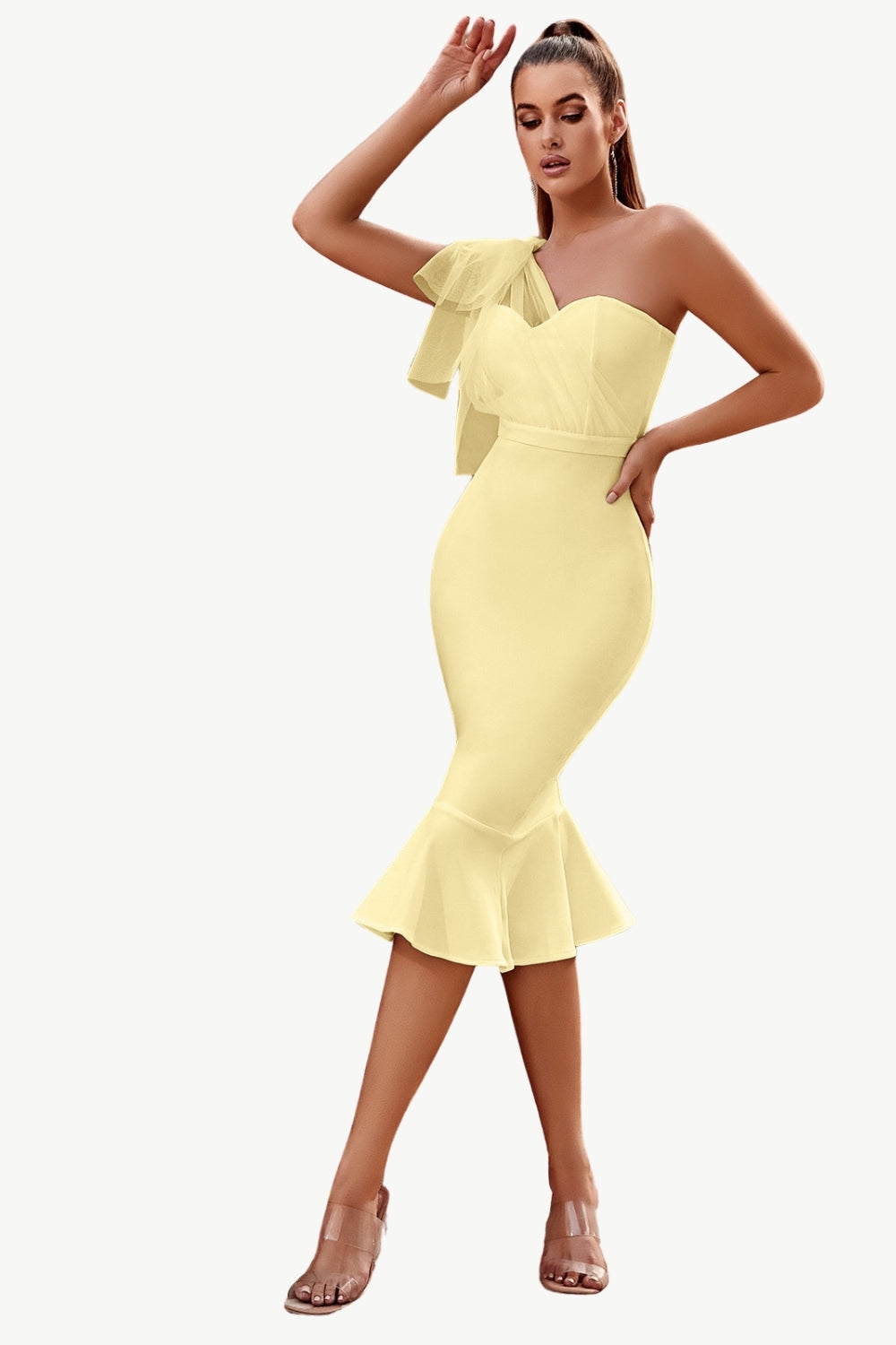 Pink One Shoulder Mermaid Midi Cocktail Dress