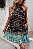 Halter Neck Bohemian Style Printed Green Summer Dress