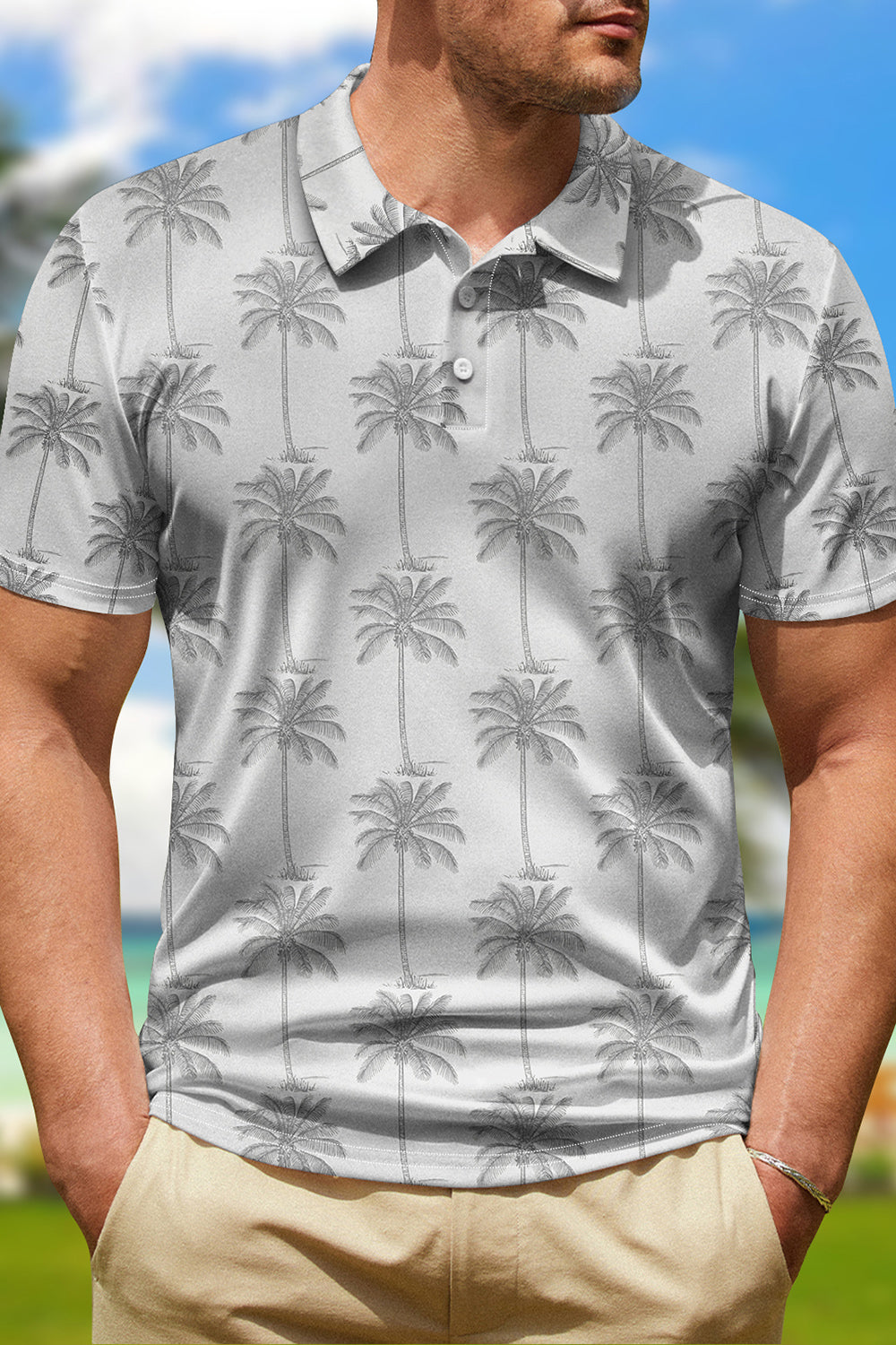 Grey Print Classic Men's Polo Shirt with Short Sleeves