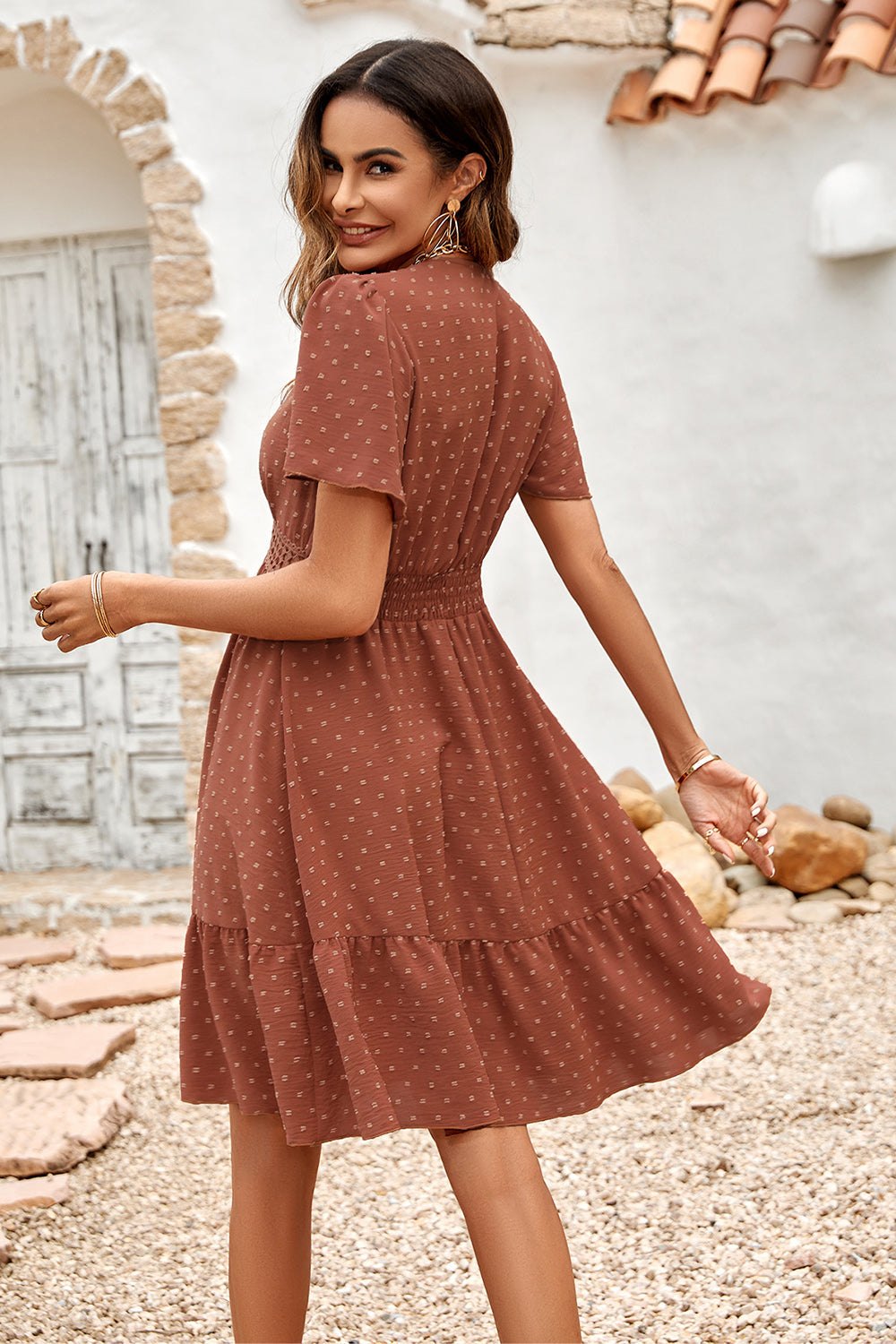 Apricot V Neck A Line Summer Dress