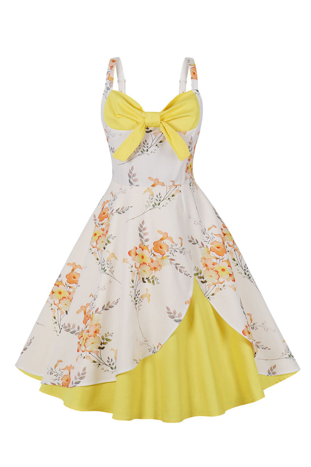 Blue Flower Spaghetti Straps 1950s Dress With Bow