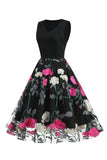 Fuchsia and Black Vintage 1950s Dress