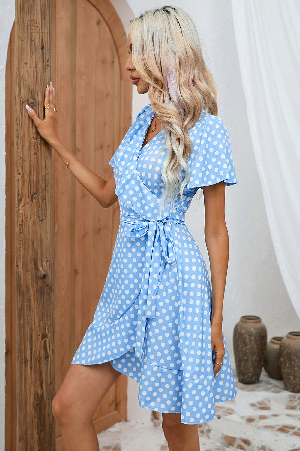 Blue Polka Dots Wrap Summer Dress