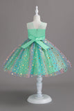 A Line Jewel Neck Blush Girl Party Dress with Bowknot