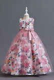 Blue Flower Tulle Long Girls' Dress With Ruffles