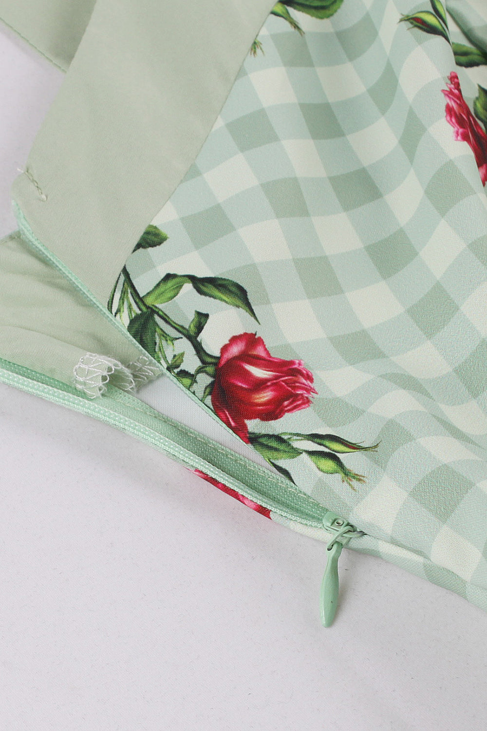 Green Plaid Swing 1950s Dress with Floral Printed