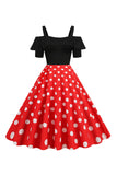 Black Cold Shoulder Polka Dots 1950s Dress