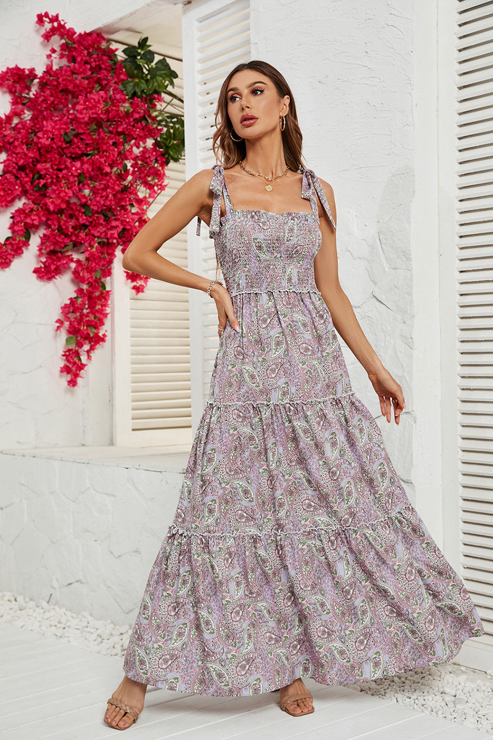 Khaki Printed Tie Strap Square Neck Long Summer Dress