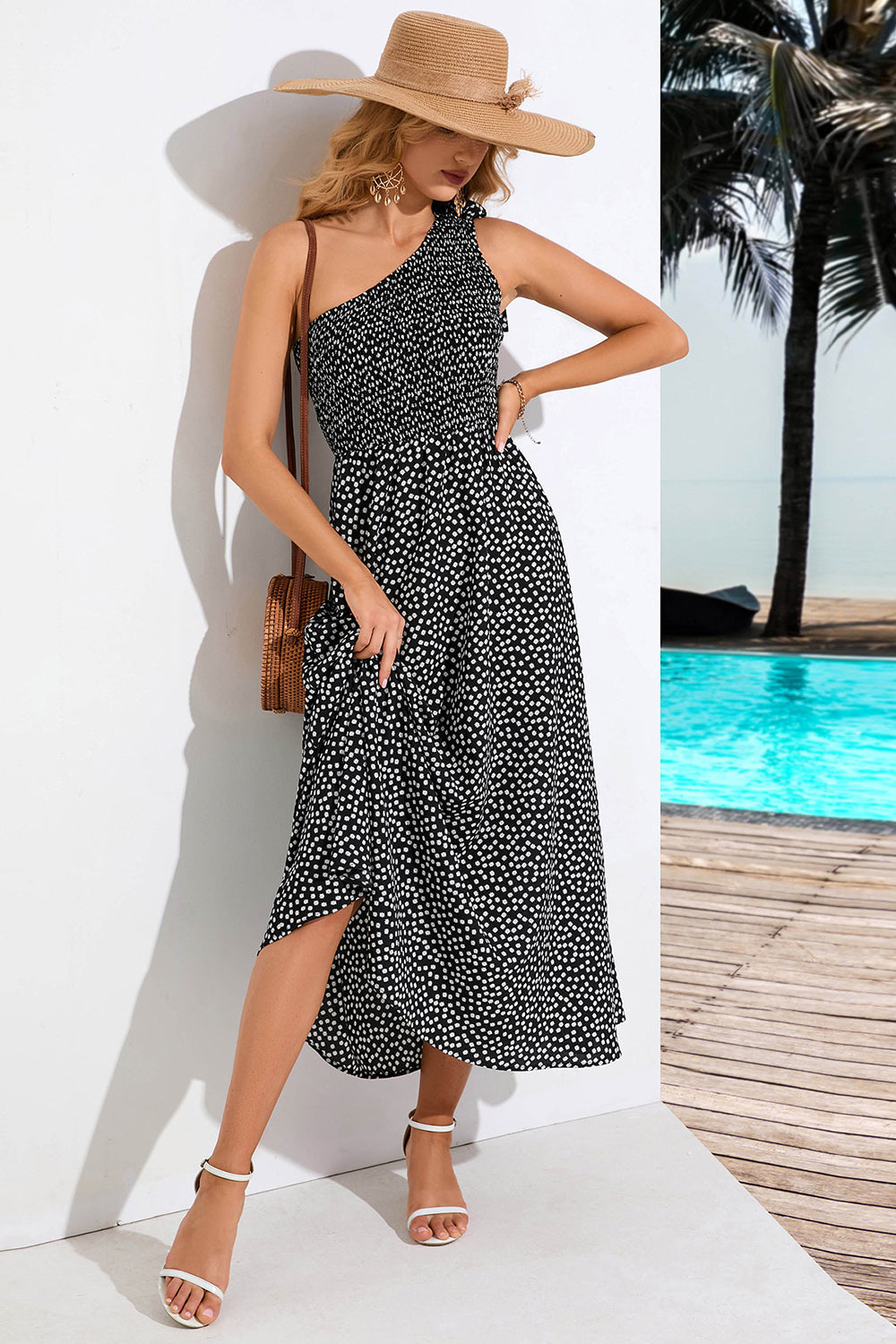 One Shoulder Black Printed Summer Dress