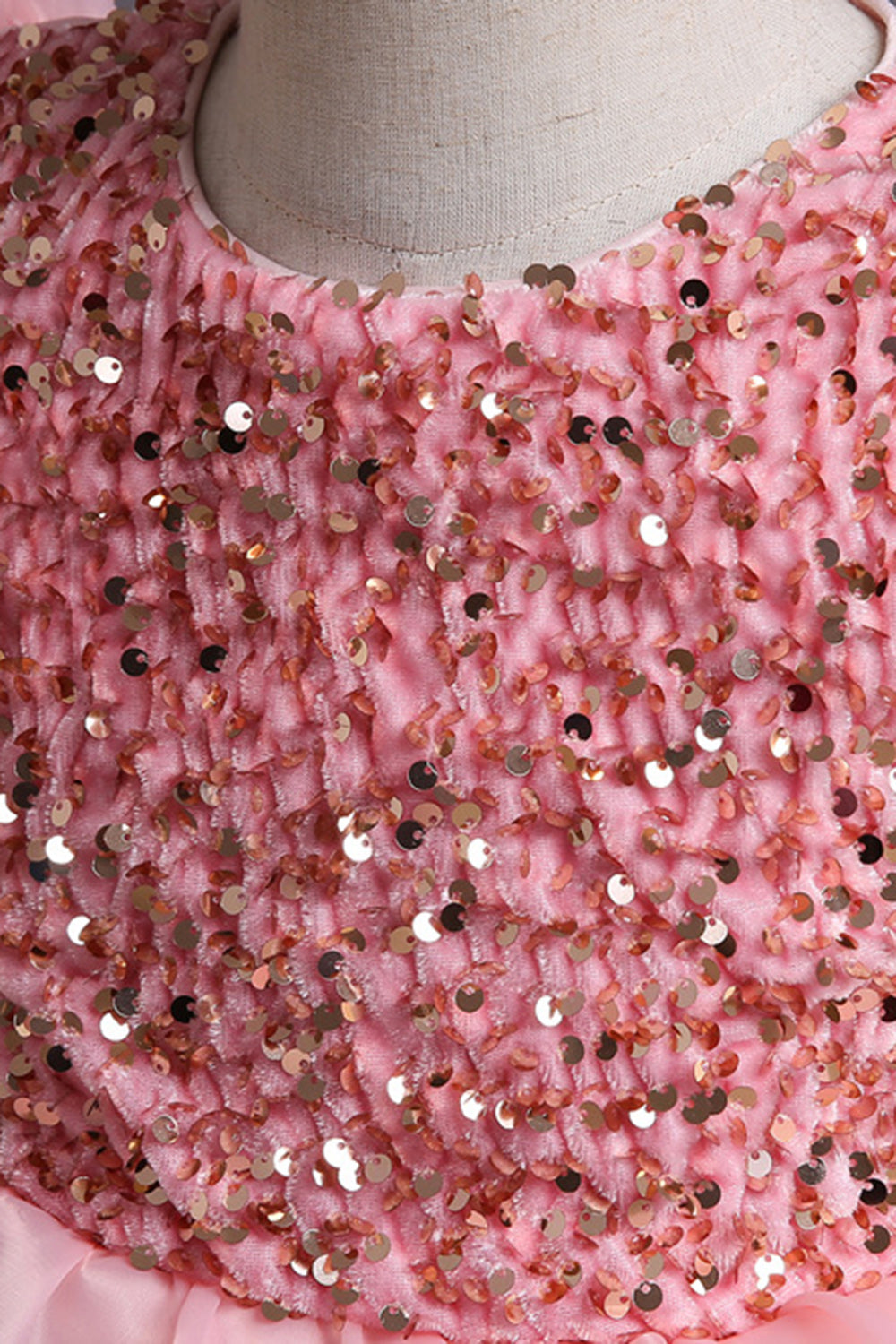Puff Sleeves Pink Sequined Girls Dresses With Bow