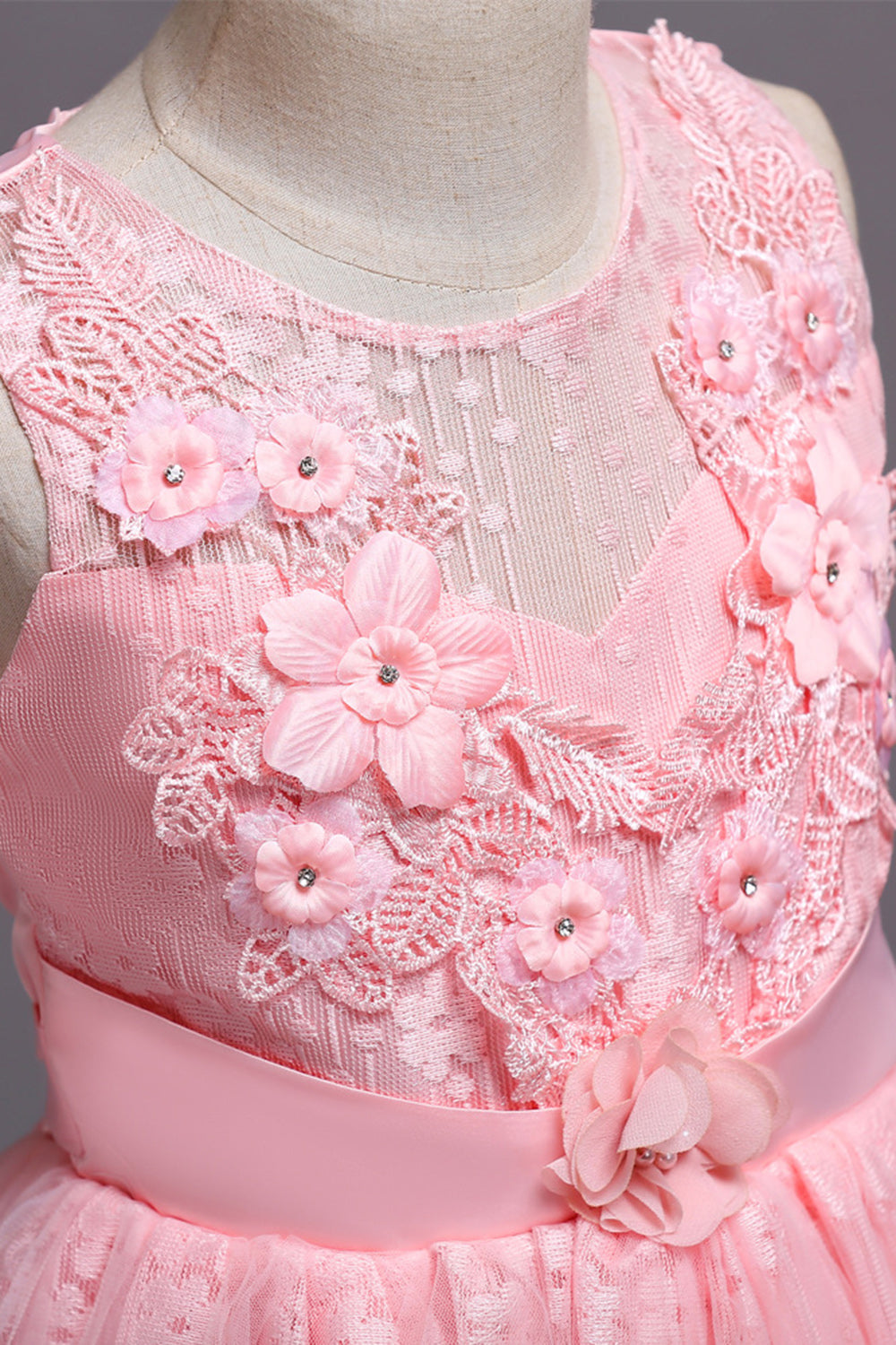 Pink Round Neck Girls Dresses With 3D Flowers