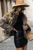 Khaki Lapel Neck Faux Fur Cropped Women Coat