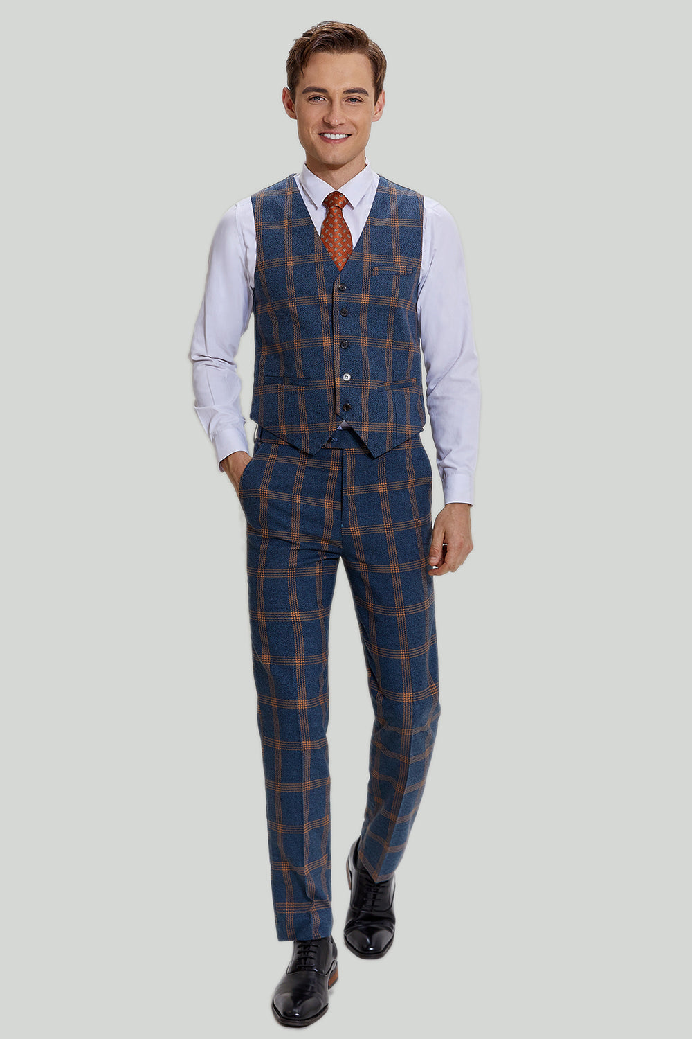 Grey Blue Men's 3 Piece Plaid Notched Lapel Prom Suits