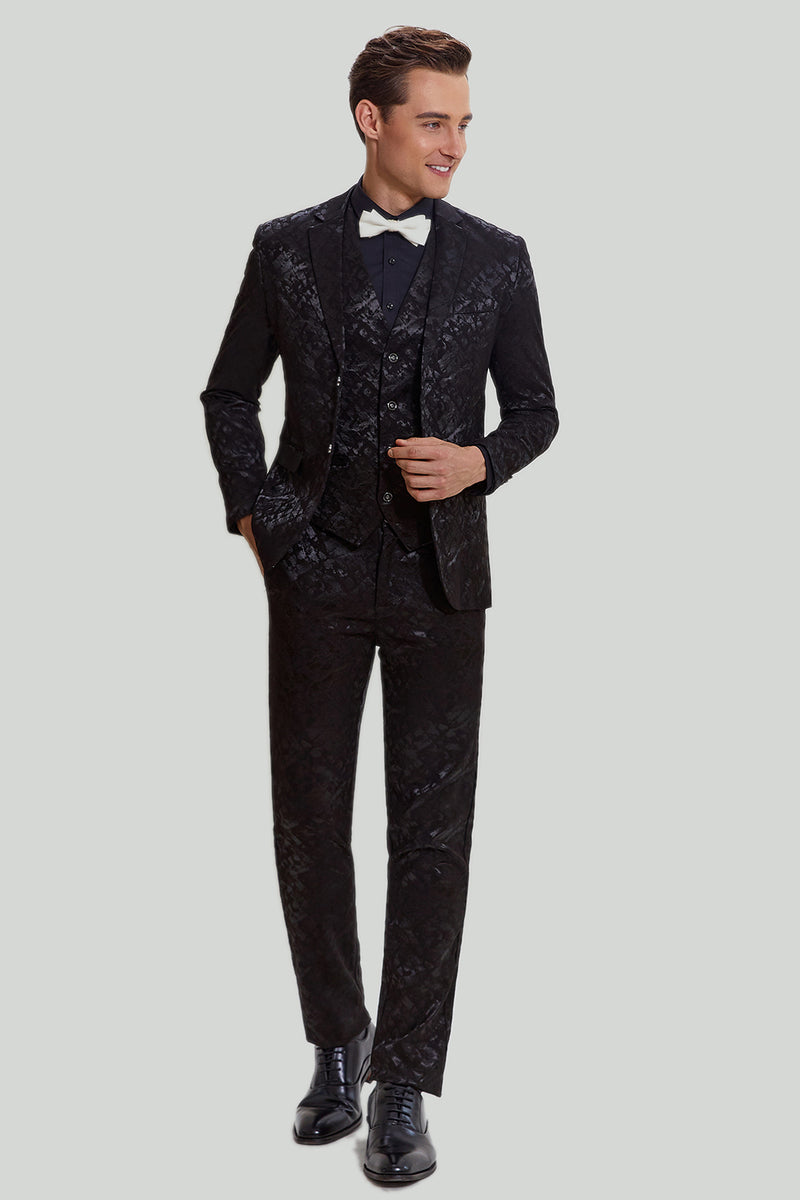 ZAPAKA Men's Wedding Suits Tuxedo Black 3-piece Jacquard Prom