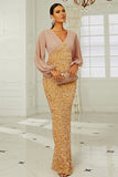 Long Sleeves Golden Sequins Mother of the Bride Dress