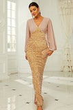 Long Sleeves Golden Sequins Mother of the Bride Dress