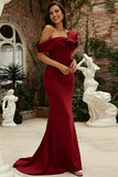 Burgundy One Shoulder Mermaid Long Prom Dress With Ruffles