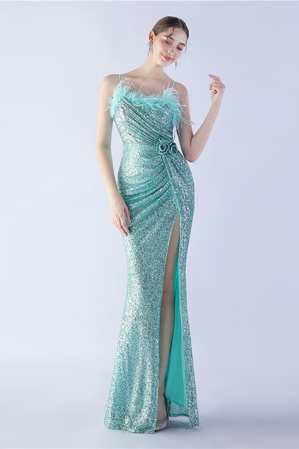 Black Spaghetti Straps Sheath Sequin Formal Dress with Feather