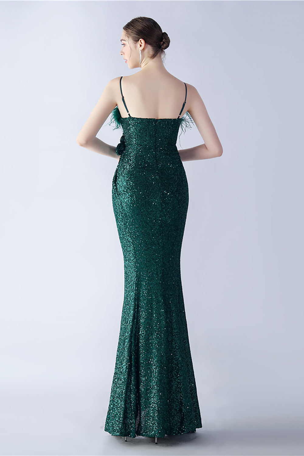 Black Spaghetti Straps Sheath Sequin Formal Dress with Feather