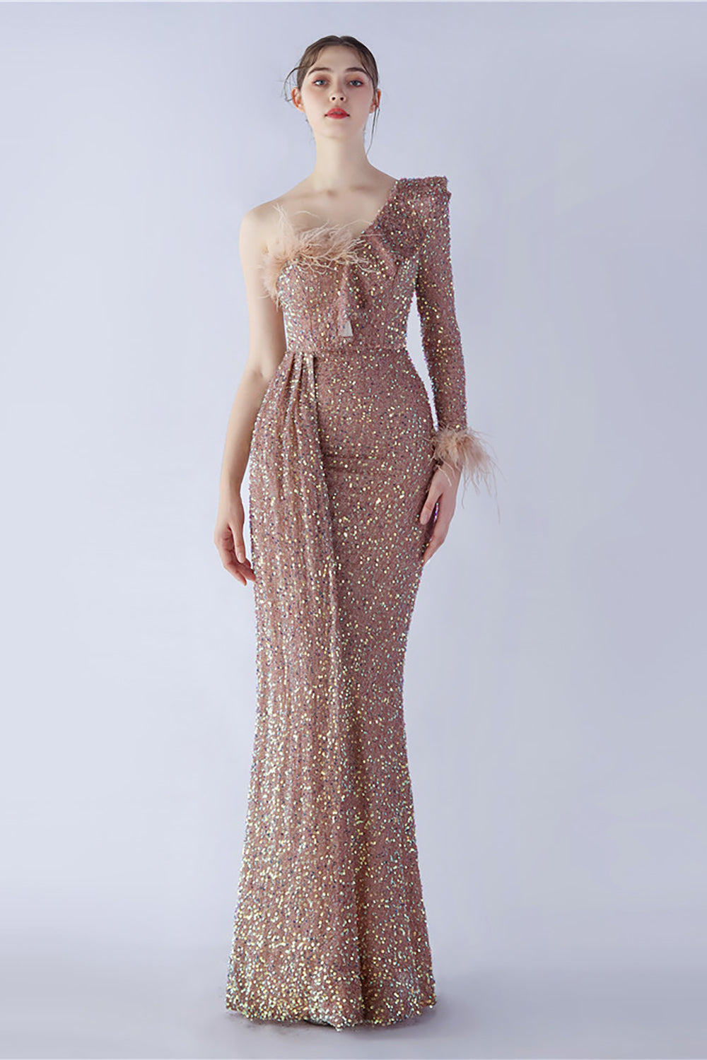 Mermaid One Shoulder Sequin Formal Dress With Feathers