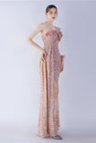 Mermaid One Shoulder Sequin Formal Dress With Feathers