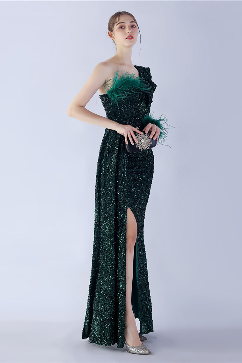 Mermaid One Shoulder Sequin Formal Dress With Feathers