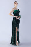 Mermaid One Shoulder Sequin Formal Dress With Feathers