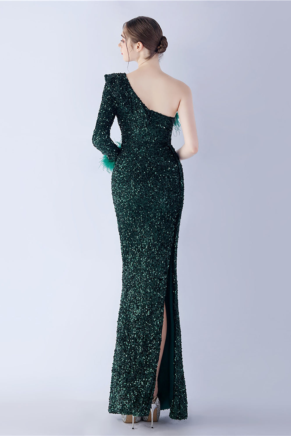 Mermaid One Shoulder Sequin Formal Dress With Feathers