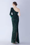 Mermaid One Shoulder Sequin Formal Dress With Feathers